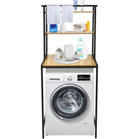Étagère pour machine à laver, WC à 3 niveaux, en métal, en bois, gain de place, étagère de salle de bain pour serviettes, cosmétiques, produits de nettoyage, Noir+bois naturel, 69 x 60 x 176.5 cm (1/5)
