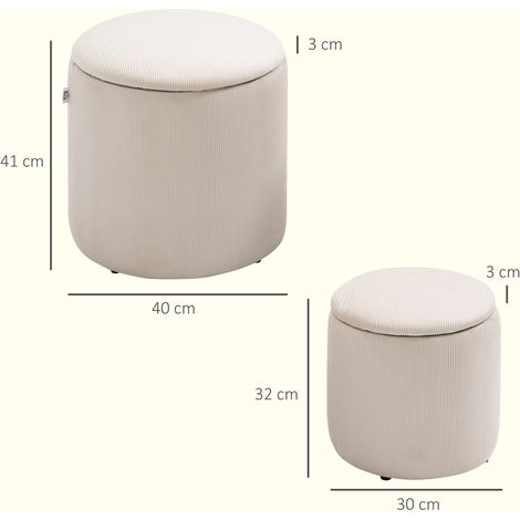 Poufs de rangement ronds en velours côtelé, gain de place (lot de 2), blancs (1/5)