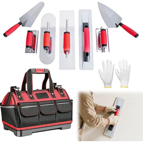 9PCS Truelles De Maçon avec Coffret, Lisseur à Béton Manuel Grattoir Plat Outils De Finition pour Béton en Magnésium Outil Multifonctionnel pour Joints De Briques avec Poignées Ergonomiques (1/5)