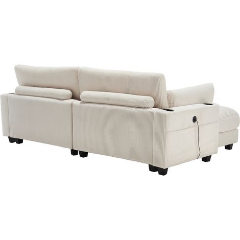 Divano 2 posti beige in velluto a coste con 2 cuscini, portabicchieri, tasche e USB (1/5)
