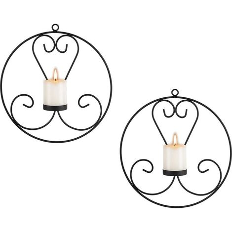 Bougeoirs muraux ronds pour bougies piliers – Bougeoirs décoratifs en métal noir, lot de 2, bougeoirs muraux, chandeliers pour salon, chambre, salle à manger (1/5)