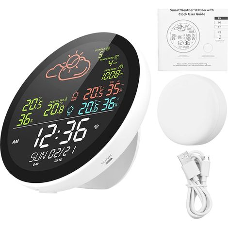 Estación meteorológica inteligente con reloj, medidor de temperatura y humedad, multifuncional, pantalla a color grande, reloj meteorológico, medidor de temperatura y humedad con 3 sensores. (1/5)