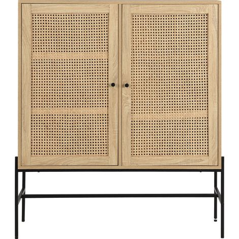 Homifab – Buffet haut 2 portes en cannage naturel effet chêne 100 cm – Système softclose – 4 tablettes de rangement – Piètement métal noir 35 cm (1/5)