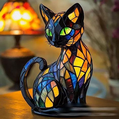 Lampe en vitrail animal - Lampe chat en vitrail vintage Veilleuse de chevet en forme d'animal faite à la main Veilleuse décorative à LED colorée pour la maison, la chambre à coucher, le chat A
