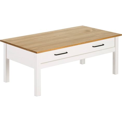 TINA - Table Basse Rectangulaire 1 Tiroir Bois Ciré et Blanc (1/4)