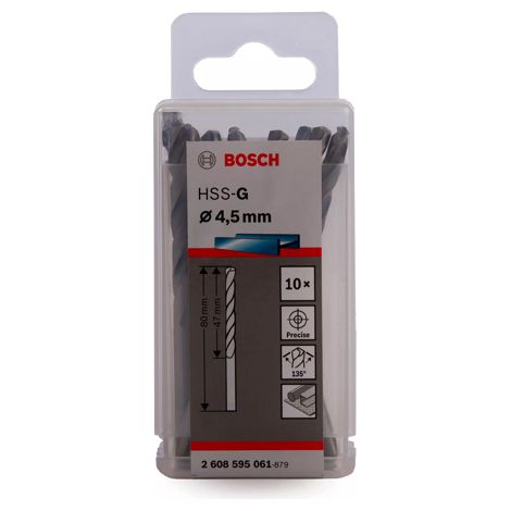BOSCH 2.608.595.061 (pkt of 10) HSS-G metal drill bit 4.5mm x 47mm x 80mm