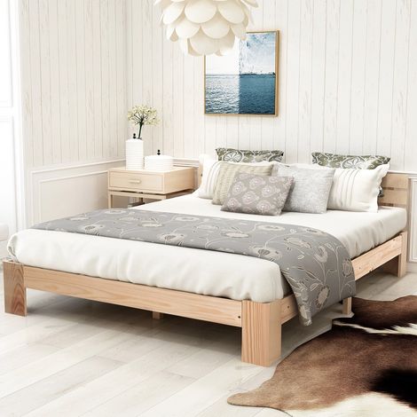 Cama doble 140/200 cm natural de madera maciza con cabecero y somier (1/5)