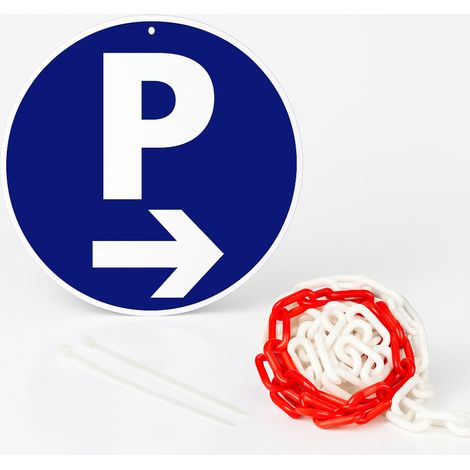 Parking flèche à droite disque rigide prépercé avec chaine plastique rouge/blanc avec collier de serrage de serrage - panneau rond signalisation Diamètre 300 mm