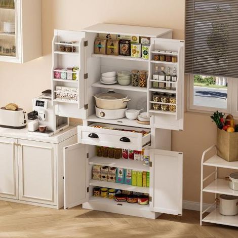 Mobile contenitore da 182 cm, 4 ante e 1 cassetto, 2 ante con ripiani, 6 scomparti e 4 ripiani regolabili, adatto per cucina, sala da pranzo e soggiorno, bianco