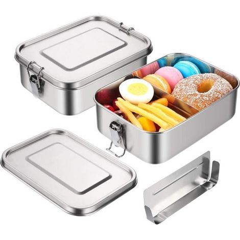 (argent)Boîte Bento INOX Lunch Box INOX Anti Fuite avec Compartiment Amovible 800ML Boîte à Repas avec Clip de Verrouillage (1/4)