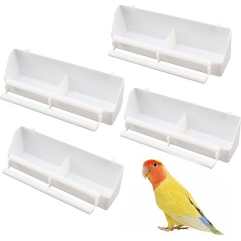 Lot de 4 mangeoires suspendues en plastique blanc pour oiseaux, avec compartiments et supports pour petits oiseaux comme les canaris et les moineaux. (1/5)