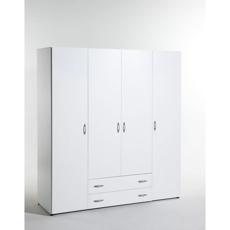 Armadio Guardaroba per Camera da Letto, 4 Ante, 2 Cassetti, Legno Bianco, 160 cm L x 52 cm P x 177 cm A