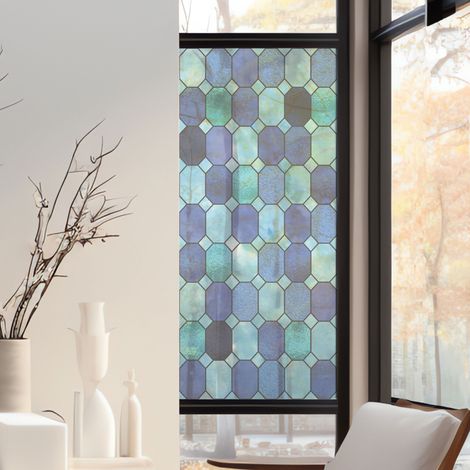 Stickers décoratifs électrostatique, octogones, bleu, géométrique, raccordable, effet vitrail, 150 cm X 67,5 cm (1/2)