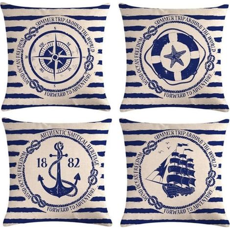 4 pièces housse de coussin voile Navigation boussole housse de coussin décorative coton lin jeter taies d'oreiller 45x45 cm (1/5)
