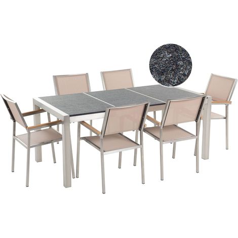 Garden Dining Set 6 Seater GROSSETO Triple Plate Basalt Flamed Black/ Beige