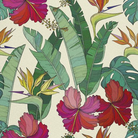 Tela decorativa para exteriores Oxford - Motivo de hibisco sobre hojas de plátano I DX304 (1/5)
