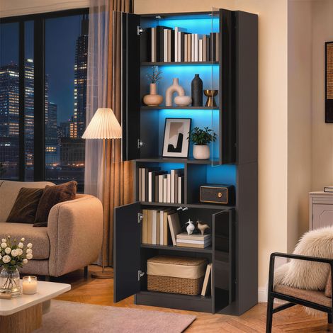 Hochschrank Acryl Sichtfenster LED Beleuchtung App steuerbar zweigeteilt Doppeltüren verstellbarer Einlegeboden Wohnzimmer Flur Schlafzimmer Stauraumschrank (1/5)
