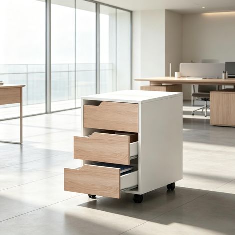 Rollcontainer 3 Schubladen, MDF melaminbeschichtet, 40x50x57,5 cm, Rollen 360° mit Bremsen, für Büro (1/5)