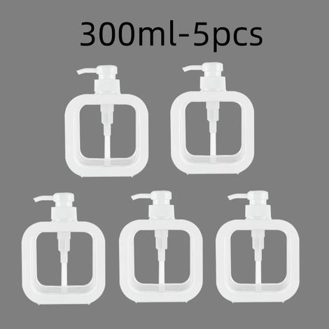 (blanc - 300 ml - 5 pièces) Distributeurs de savon de salle de bain rechargeables pour lotion, shampoing et gel douche, flacon pompe de voyage vide (1/5)