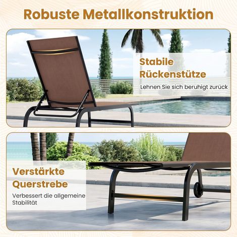 Chaise longue de jardin marron avec roues, dossier inclinable 6 positions et tissu respirant pour terrasse, jardin et piscine (1/5)