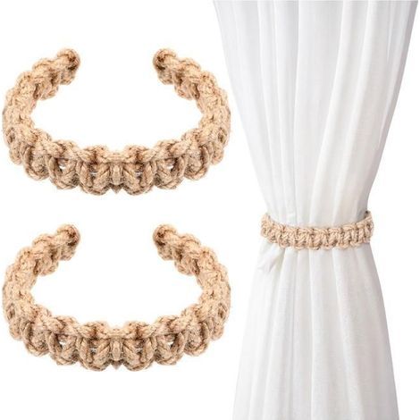 Set of 2 rustic braided hemp rope curtain tiebacks for home or bedroom. (1/5)