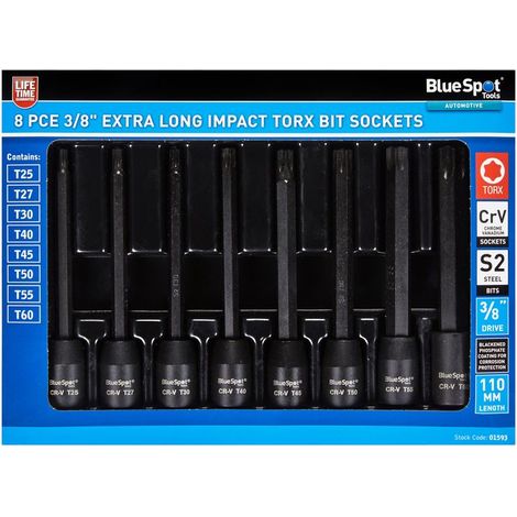 Blue Spot Tools 8 Pce 3/8" Extra Long Impact TORX Bit Sockets (1/2)