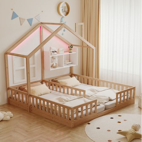 Lit enfant 90x200 cm avec LED, étagères et garde-corps, en bois naturel, sans matelas (1/5)