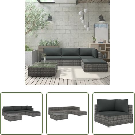 Canapé en résine tressée - Salon de jardin 5 pcs avec coussins résine tressée gris (1/5)