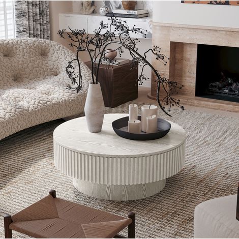 Runder Couchtisch 75 x 75 x 35 cm Weiß Retro mit Stauraum, MDF und Holzfurnier, MEUBLIV (1/5)