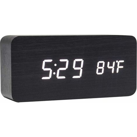 BDD Horloge numérique en bois multifonctionnel LED réveil commande vocale adapté à la maison lumière blanche en bois noir (1/5)
