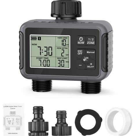 Minuterie d'eau Système d'irrigation de jardin 2 sorties Contrôleur de vannes de synchronisation automatique Arrosage retardé de pluie/Manuel/Grand écran LCD et IPX5 étanche pour cour extérieure avec (1/5)