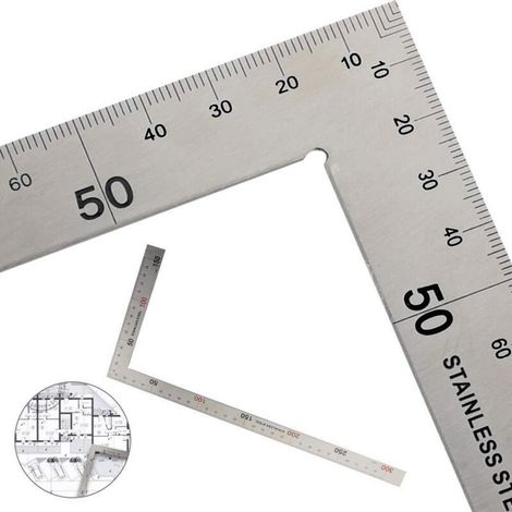 Règle en acier inoxydable L 300 mm x 150 mm x 2mm double face 90 degrés Règle d'angle en métal Outils de mesure carrés avec échelle de mesure en pouces et cm pour menuisiers, ingénieurs, artisans (1/5)