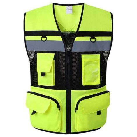 Jusch – Gilet de sécurité réfléchissant XL – Haute visibilité jaune fluo – Réflectivité 360° – Poches multifonctions pour accessoires