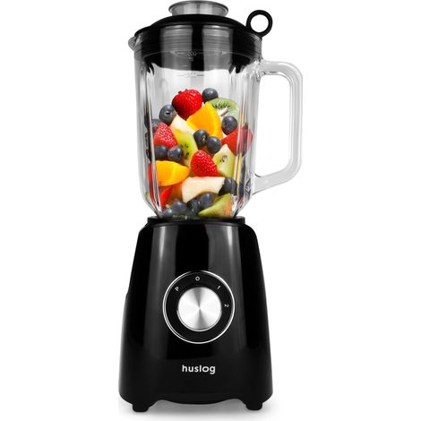 Blender 1200W, Bol Verre 1,5L, 6 Lames Inox, 2 Vitesses + Pulse, Fonction Ice-Crush, Ouverture Couvercle, Protection Surchauffe, Mixeur Puissant pour Fruits et Légumes, Noir (1/5)