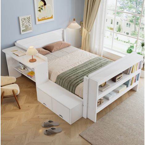 Letto singolo 120x200 cm bianco in legno con scrivania, contenitore e ripiano (1/5)