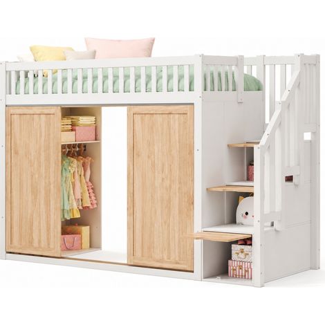 Lit mezzanine enfant 90 x 200 cm avec armoire et escalier de rangement, LED multicolore pilotée par application, sans matelas, blanc et bois clair  CHICFURN (1/5)