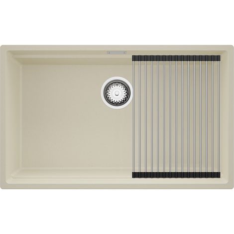 PRIMAGRAN Evier Cuisine en Granit 76x47cm,Lavabo 1 bac + Kit de Vidage + Égouttoir Enroulable, Évier à Encastrer au meuble 80cm - Prague Slim, Beige (1/5)