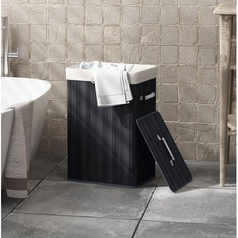 Panier à linge avec couvercle, pliable, 72 L, bambou et toile, noir 40 x 30 x 60 cm DESVIAE (1/5)