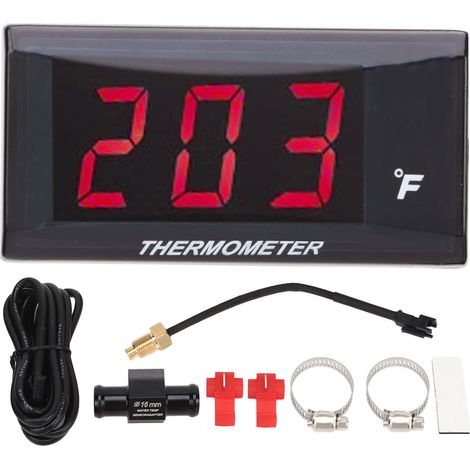 Indicatore di temperatura dell'acqua in gradi Fahrenheit, display LCD retroilluminato, impermeabile, con raccordo a T da 16 mm per moto, colore rosso. (1/5)