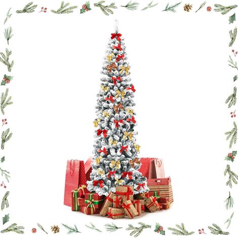 GOPLUS Sapin de Noël Artificiel Enneigé Mince, 242/500/641 Branches en PVC Ignifuge, Base en Fer, Forme en Crayon, Ouvert Automatique, Arbre de Noël pour Décoration Fête de Noël, Vert Blanc (230CM) (1/5)