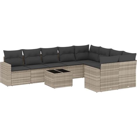 vidaXL Set Divano Giardino 10 pz con Cuscini Grigio Chiaro Polyrattan (1/5)
