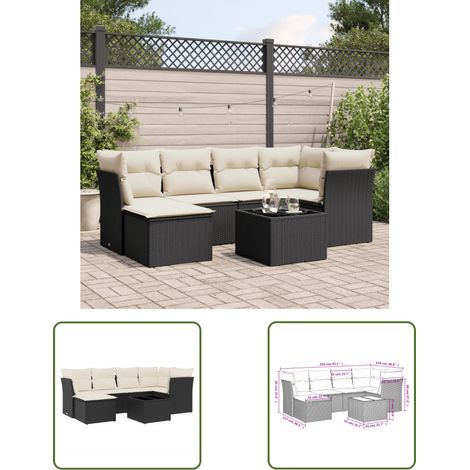 The Living Store 7-tlg. Garten-Sofagarnitur mit Kissen Schwarz Poly Rattan - Gartenmöbel Set - PE-Rattan Möbel - Outdoor Sofa - Esstisch - Lounge Garnitur (1/3)