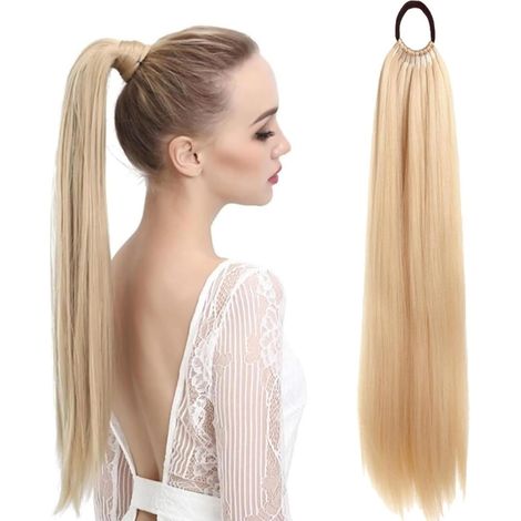 Extensión de cola de caballo rubia, 60 cm, extensión de cola de caballo rubia de cabello humano, cabello sintético rubio largo y liso, con banda elástica, cabello liso y suave, para mujeres y niñas