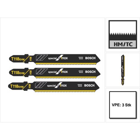 Lames de scie sauteuse pour INOX, coupe droite fine, Réf. Bosch : T 118 EHM, Qualité de lame de scie Carbure, Long. totale 83 mm, Pas de dents : 1,4 mm