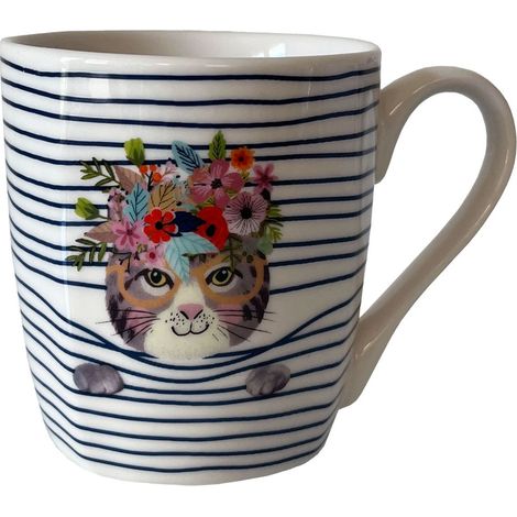 Tasse en céramique Blanche rayée chat en coffret cadeau (1/3)