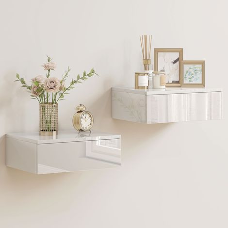 Juego de 2 mesitas de noche de pared con cajón, para dormitorio, de aglomerado, blancas. (1/5)