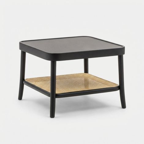 Tavolino basso quadrato in legno laccato con ripiano in paglia di Vienna Thomas - Nero (1/5)