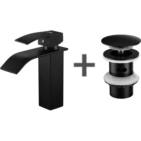 Auralum Mitigeur Lavabo Cascade Robinet pour Lavabo/Vasque+AuraLum Bonde de Lavabo Bonde Pop-up avec Trop-plein Automatique Universelle,Noir (1/5)