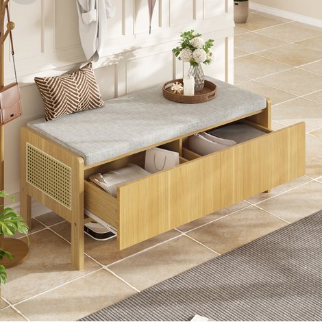 Panca porta scarpe 113x40x45,5 cm in bambù e MDF, seduta in tessuto grigio, naturale (1/5)