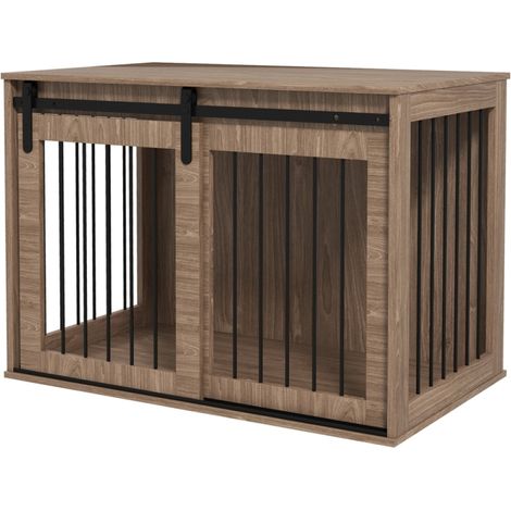 Cage pour chien style meuble imitation noyer et noir 98 x 58 x 67 cm, enclos multifonction verrouillable avec porte coulissante, structure acier et panneau dérivé du bois (1/5)